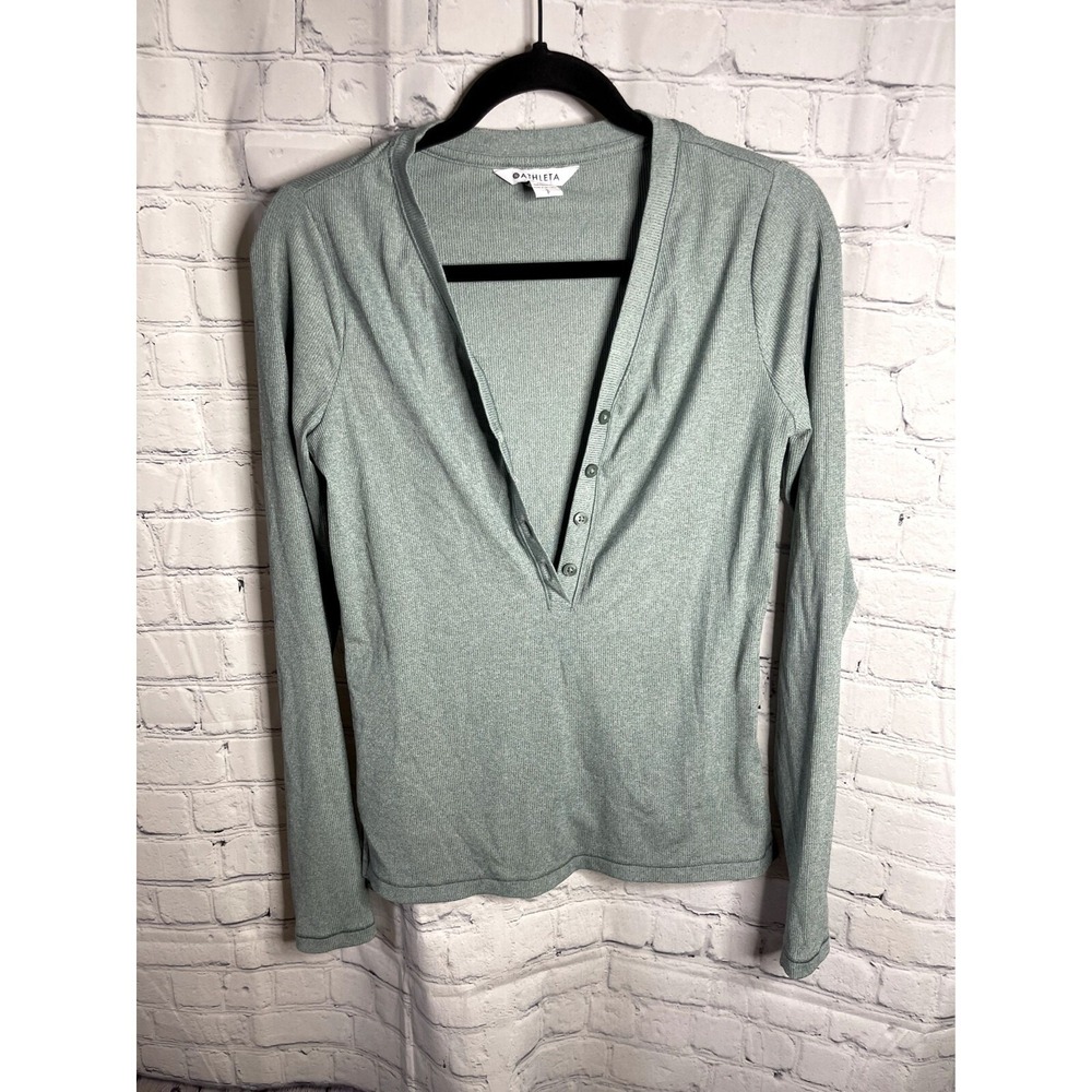 Athleta Uptempo Ribbed Henley Top Sage Green Long Sleeve Thumbhole Small S